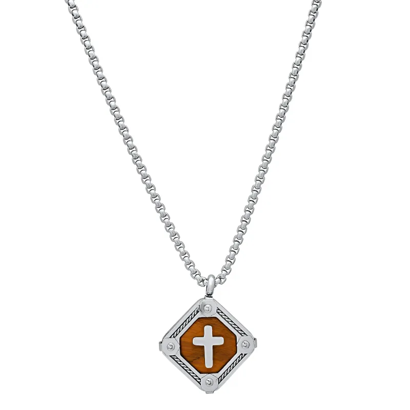 Stainless Steel And Tiger Eye Cross Square Dog Tag Pendant With Rope Chain Accents made by Zulily