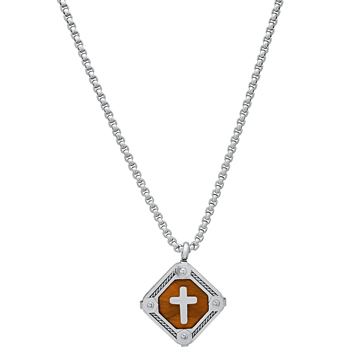 Stainless Steel And Tiger Eye Cross Square Dog Tag Pendant With Rope Chain Accents sold by Zulily