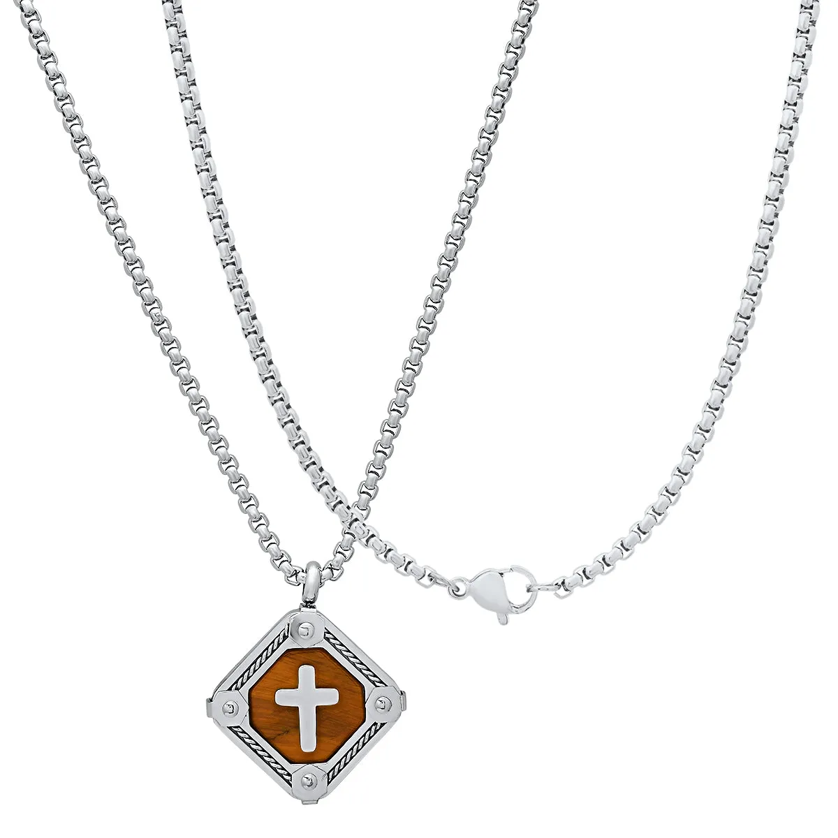 Stainless Steel And Tiger Eye Cross Square Dog Tag Pendant With Rope Chain Accents sold by Zulily product image thumbnail 2