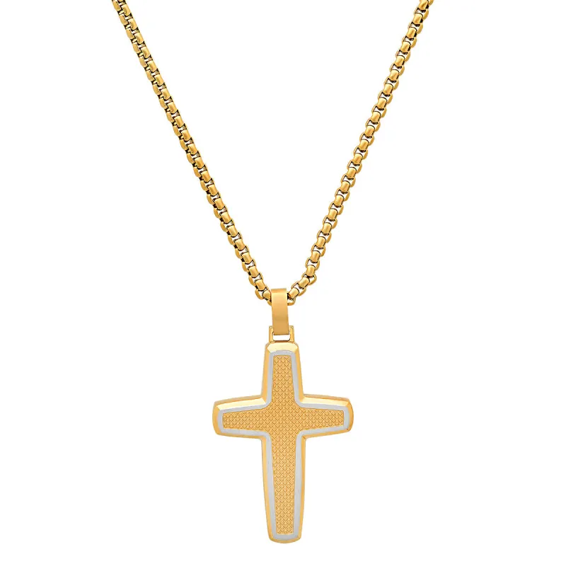 Two Tone Stainless Steel & 18K Gold Plated Textured Cross Pendant made by Zulily