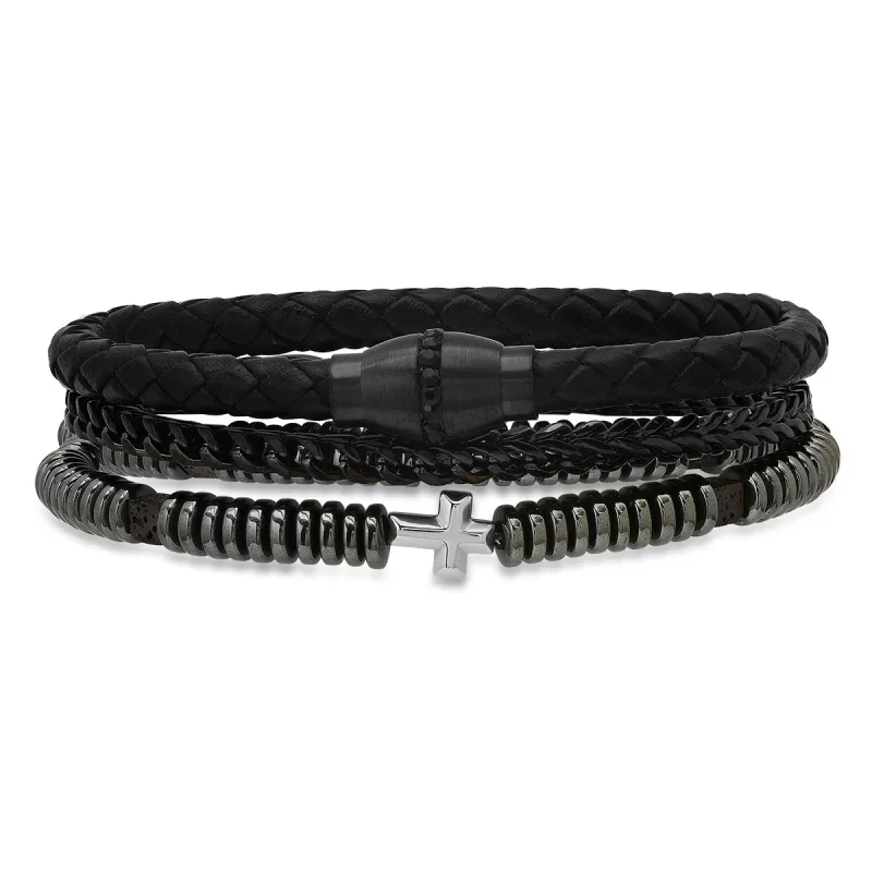 Black Braided Leather, Black Ip Stainless Steel, Simulated Black Diamonds, Hematite And Black Lava Beads 3Pc Bracelets Set made by Zulily
