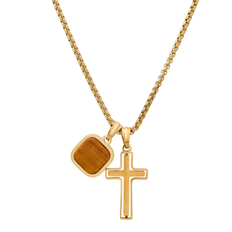 Black Ip Stainless Steel Lord'S Prayer Spinning Cross And Tiger Eye Dog Tag Pendants made by Zulily