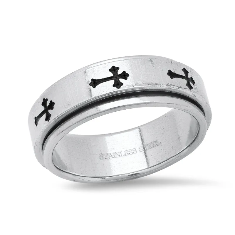 Stainless Steel Spinner Ring With Black Ip Crosses Accents made by Zulily