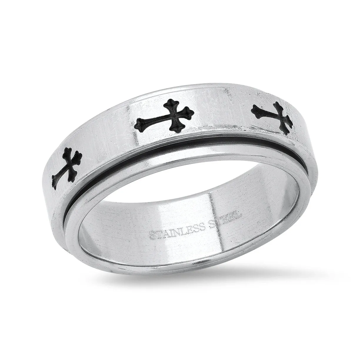 Stainless Steel Spinner Ring With Black Ip Crosses Accents sold by Zulily