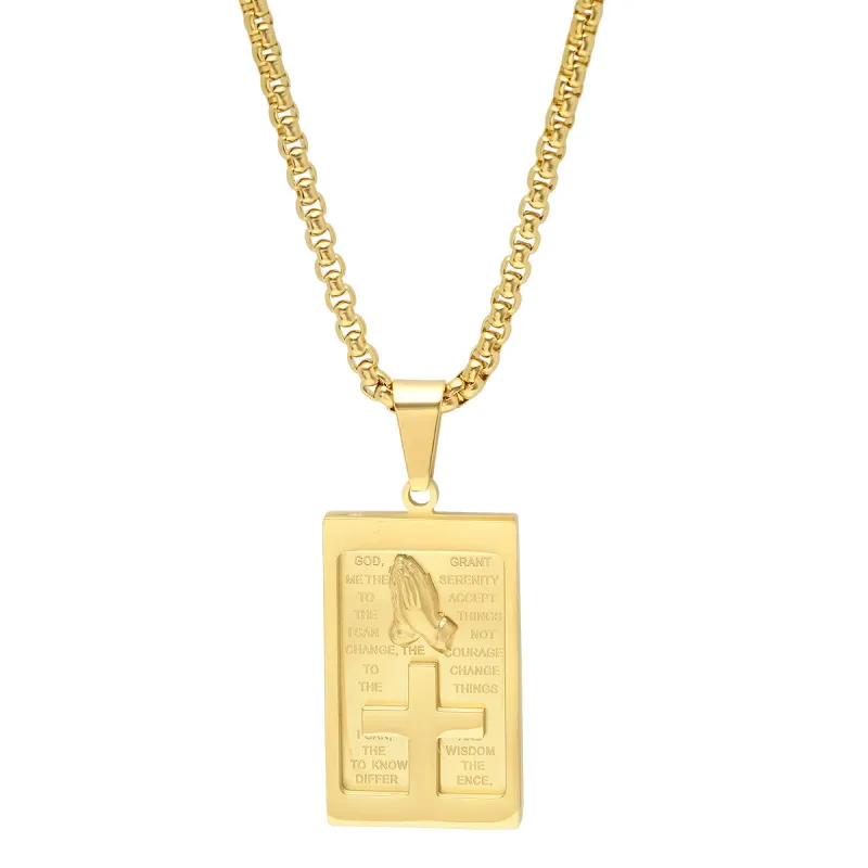 18K Gold Plated Stainless Steel Rounded Box Chain Necklace With Serenity Prayer Plate And Prayer Hands Pendant made by Zulily