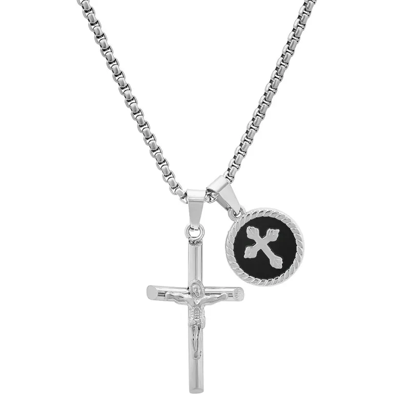 Stainless Steel Cross And Black Enamel Round Pendants made by Zulily