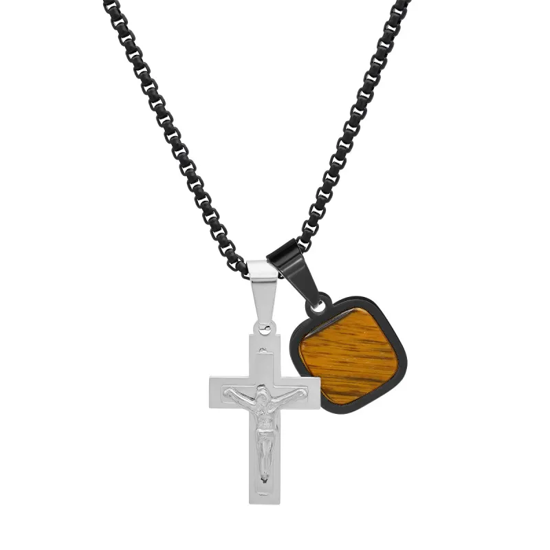 Two Tone Black Ip And Stainless Steel Cross And Tiger Eye Dog Tag Pendant made by Zulily