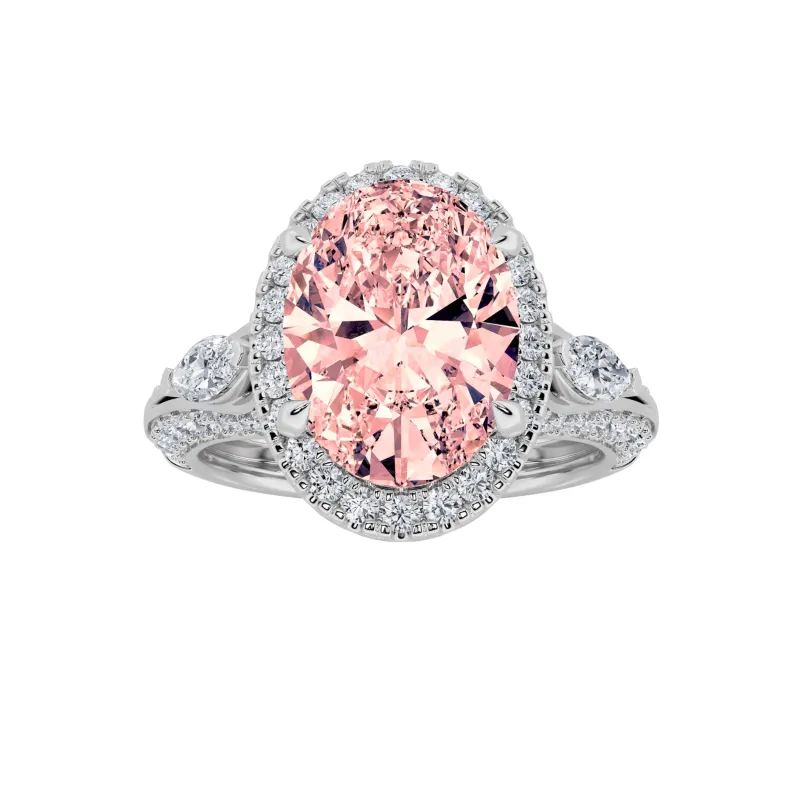 3Cttw Oval Shaped Pink Lab Grown Diamond (F/VS) Three Stone Halo Engagement Ring in 14K Gold made by Zulily