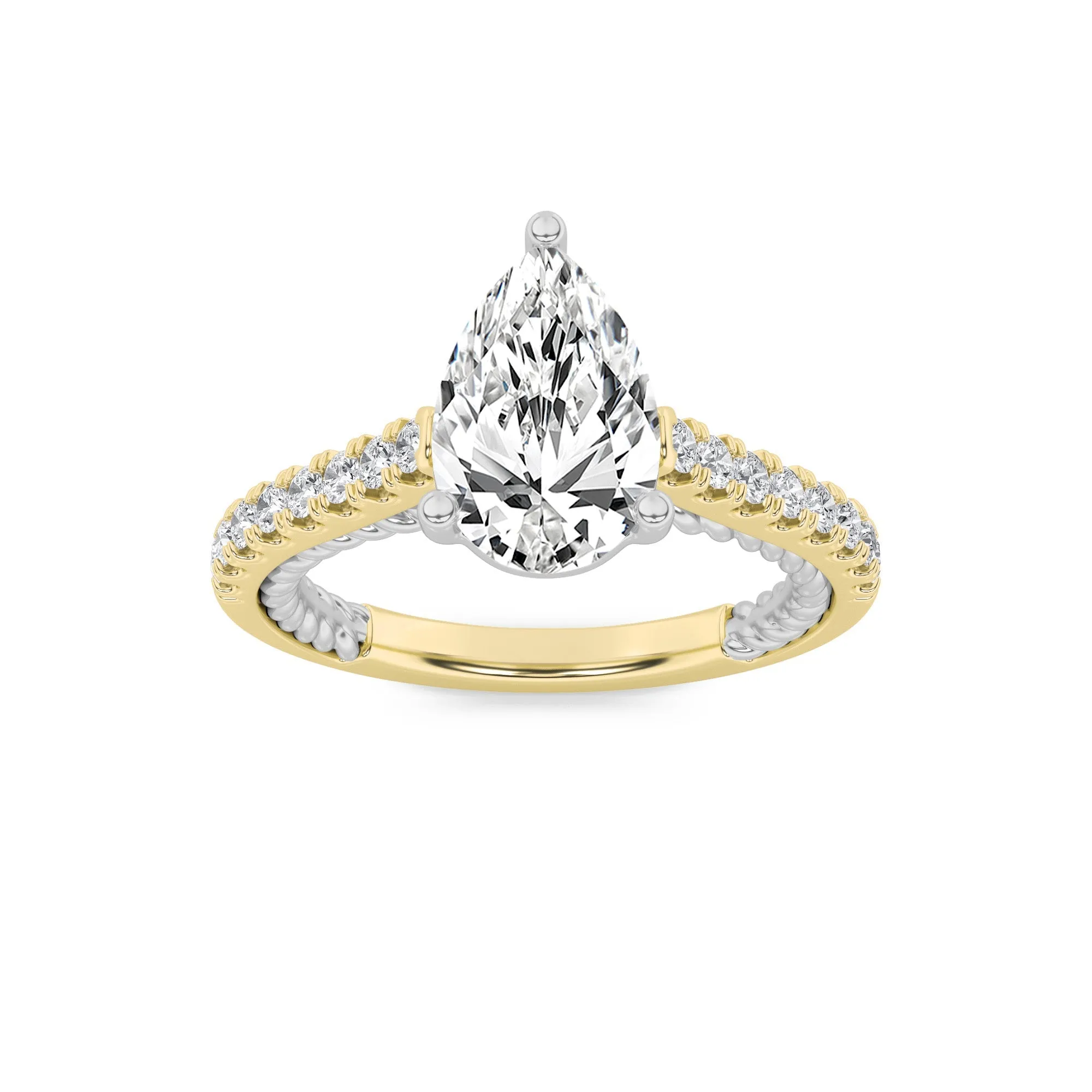 2 Ct Pear (F/VS) Lab Grown Diamond V-Prong 14K Two-Tone Gold Rope Design Accented Engagement Ring sold by Zulily