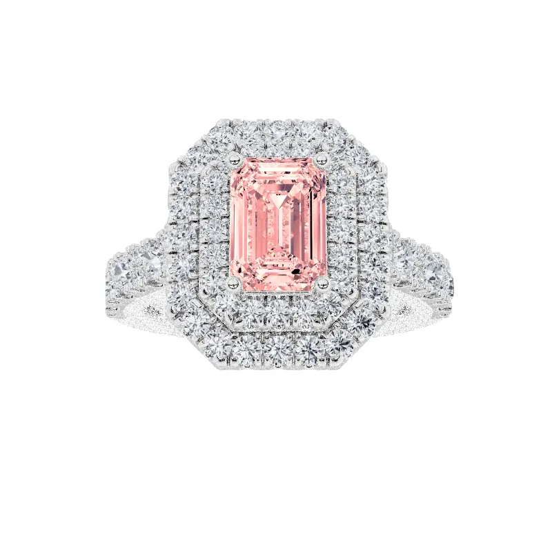 2Cttw Emerald Shaped Pink Lab Grown Diamond (F/VS) Double Halo Engagement Ring in 14K Gold made by Zulily