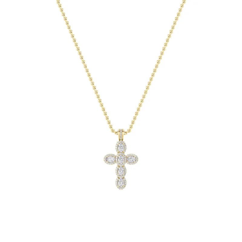 3.0 Ct Oval (F/VS) Lab Grown Diamond Prong 14K Yellow Gold Fancy Halo Cross Pendant Necklace made by Zulily