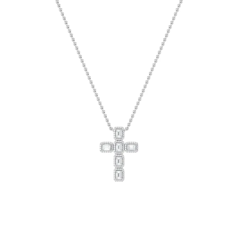 3.0 Ct Emerald (F/VS) Lab Grown Diamond Prong 14K White Gold Fancy Halo Cross Pendant Necklace made by Zulily