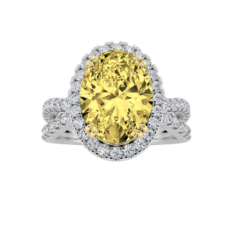 4Cttw Oval Shaped Yellow Lab Grown Diamond (F/VS) Split Shank Halo Engagement Ring in 14K Gold made by Zulily