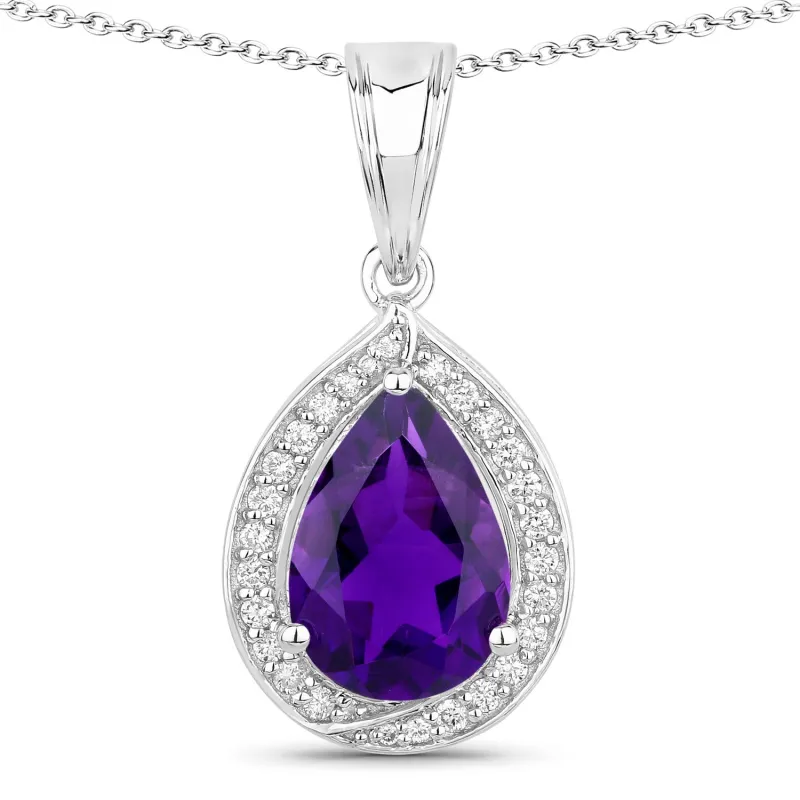 Fine Color Jewels 2.74 Ct Genuine Amethyst and Lab Grown Diamond Silver Halo Necklace made by Zulily