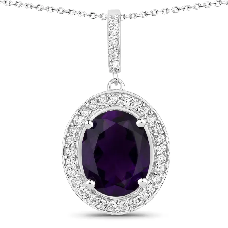 Fine Color Jewels 2.46 Ct Genuine Oval Amethyst and Lab Diamond Silver Halo Bold Pendant Necklace made by Zulily
