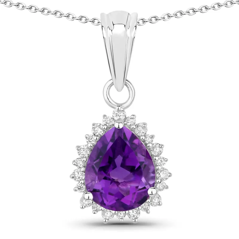 Fine Color Jewels 2.35 Ct Genuine Amethyst and Lab Grown Diamond Silver Halo Necklace made by Zulily