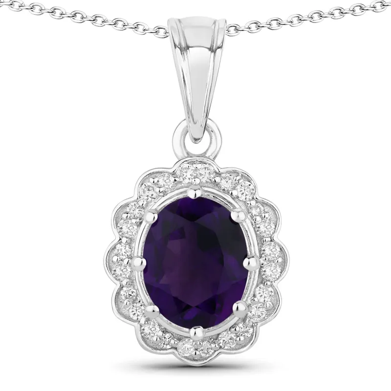 Fine Color Jewels 2.44 Ct Genuine Oval Amethyst and Lab Diamond Silver Halo Bold Pendant Necklace made by Zulily