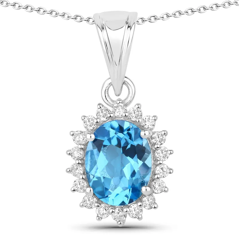 Fine Color Jewels 2.27 Ct Genuine Swiss Blue Topaz and Lab Diamond Silver Halo Necklace made by Zulily
