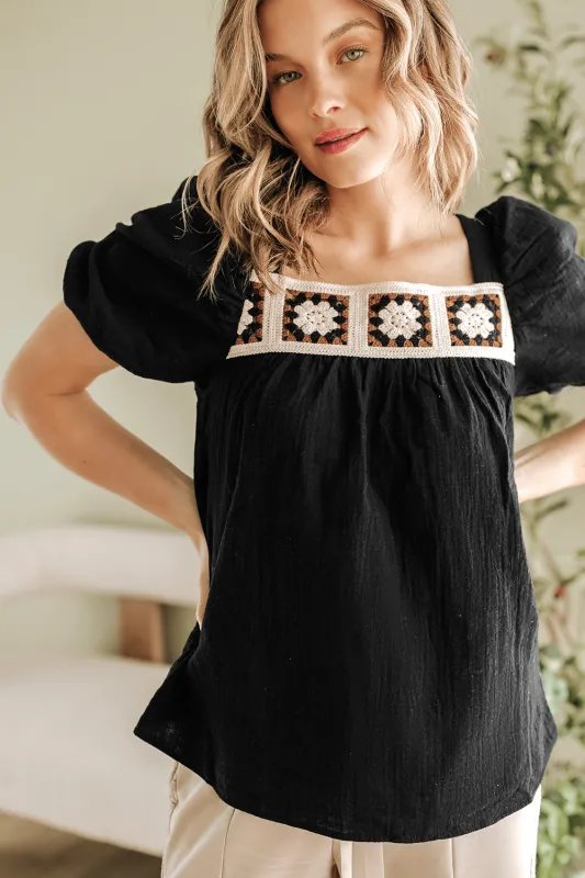 Threaded Pear Davina Crochet Square Neck Textured Short Sleeve Blouse made by Threaded Pear