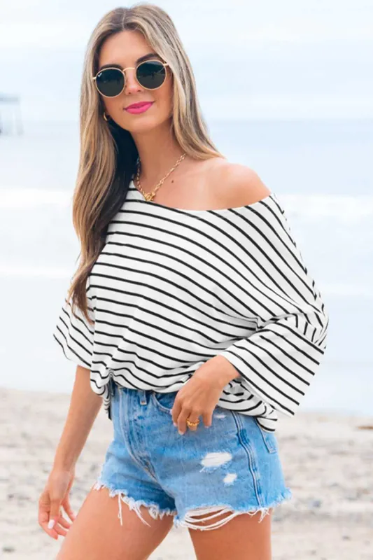 Threaded Pear Lilia Stripe Half Sleeve Scoop Neck Loose Top made by Threaded Pear