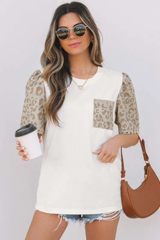Threaded Pear Leona Leopard Lace Trim Puff Sleeve Top made by Threaded Pear