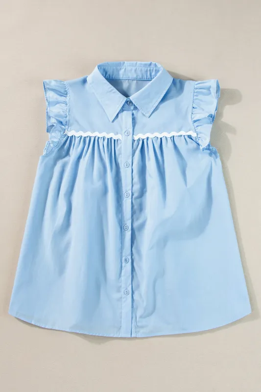 Threaded Pear Sky Blue Ric Rac Trim Frilly Sleeveless Shirt made by Threaded Pear