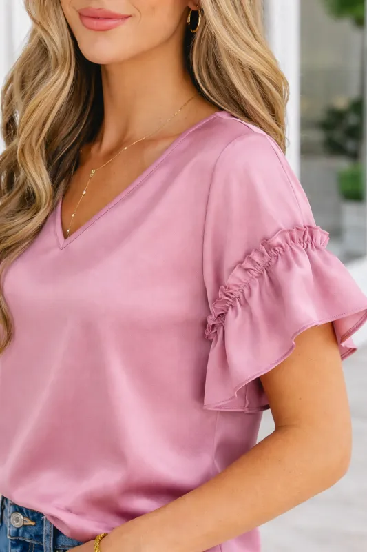 Threaded Pear Ruth Satin Ruffle Sleeve Top made by Threaded Pear