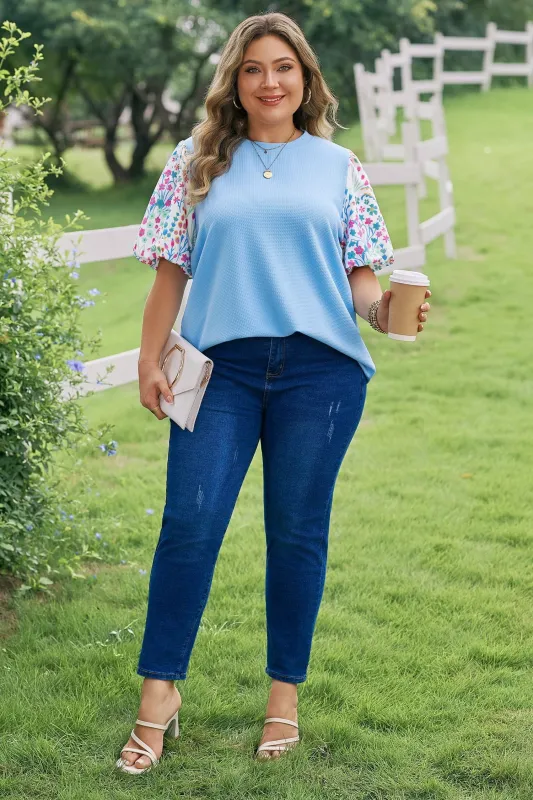 Threaded Pear Raelynn Contrast Floral Sleeve PLUS Top made by Threaded Pear