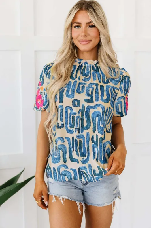 Threaded Pear Lara Puff Sleeve Frilled Neck Printed Top made by Threaded Pear