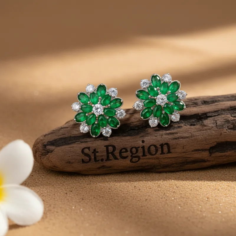 Green Crystal & Cubic Zirconia Floral Stud Earring made by Zulily