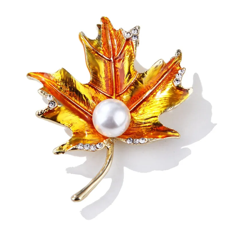 Golden Enamel & Cubic Zirconia Pearl Goldtone Maple Leaf Brooch made by Zulily