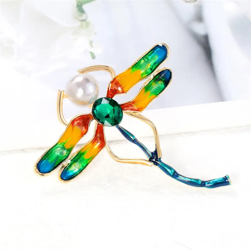 Crystal & Pearl Enamel Goldtone Dragonfly Brooch made by Zulily