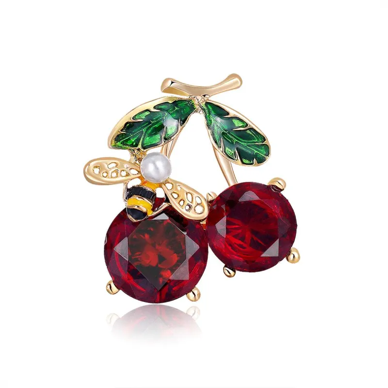 Red Crystal & Pearl Goldtone Bee Cherry Brooch made by Zulily