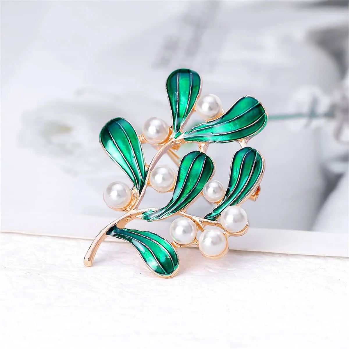 Green Enamel & Pearl Goldtone Botanical Brooch sold by Zulily product image thumbnail 3