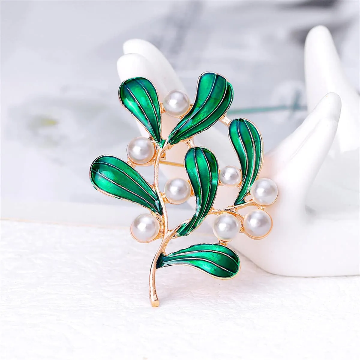 Green Enamel & Pearl Goldtone Botanical Brooch sold by Zulily