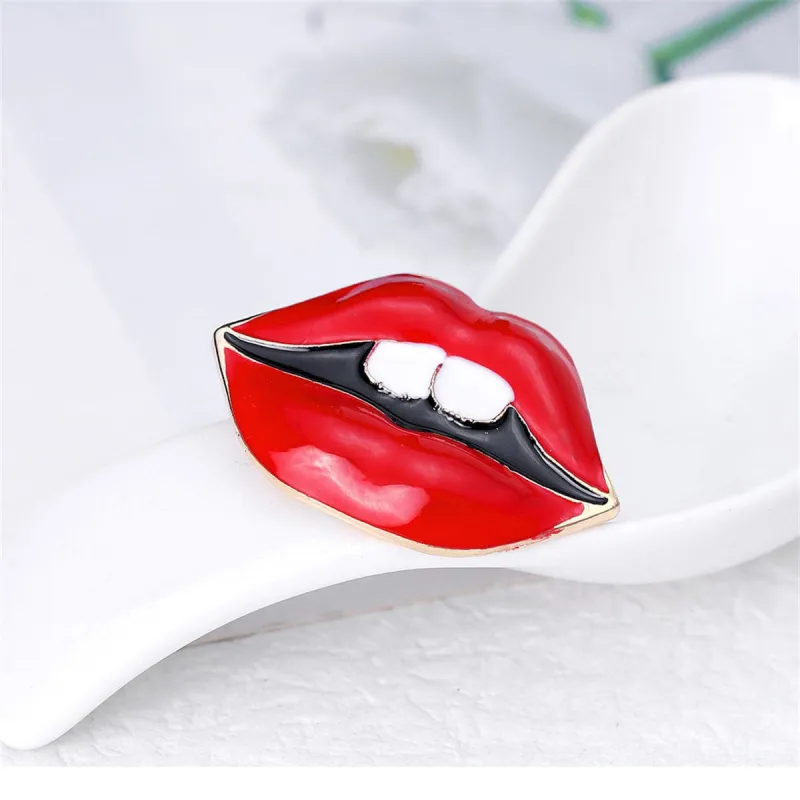 Red Enamel & Goldtone Lip Brooch made by Zulily