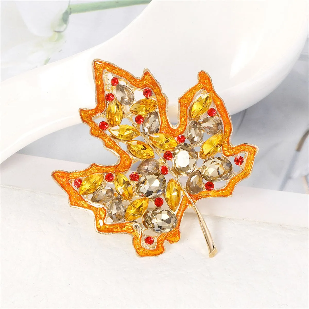 Yellow Crystal & Red Cubic Zirconia Maple Brooch sold by Zulily product image thumbnail 3