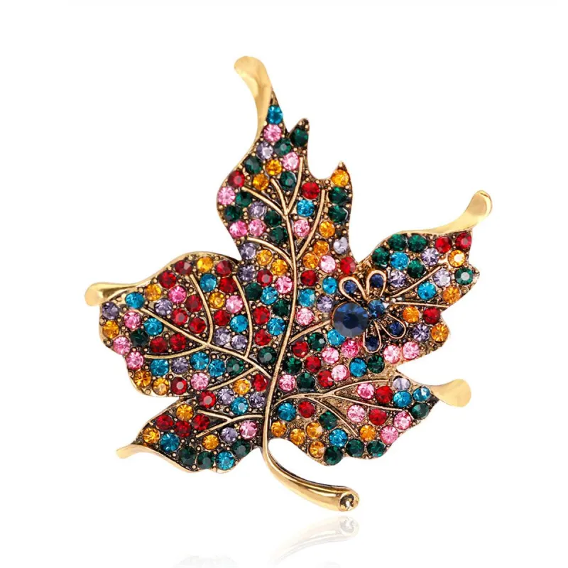 Red Multicolor Cubic Zirconia & Goldtone Maple Leaf Brooch made by Zulily
