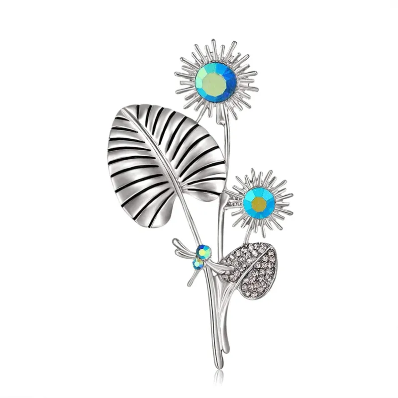 Blue Crystal & Silvertone Dragonfly Sunflower Brooch made by Zulily