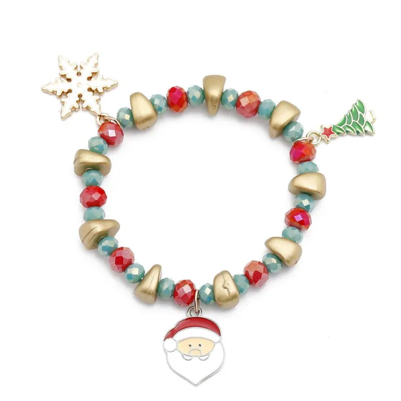 Green Acryllic & Enamel Goldtone Snowflake Santa Stretch Charm Bracelet made by Zulily