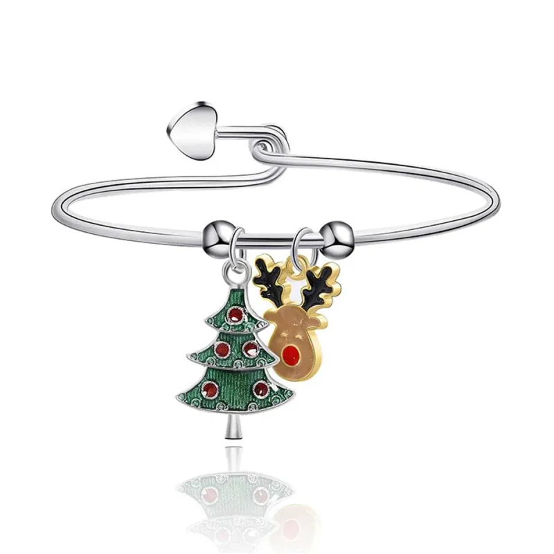 Green Enamel & Two Tone Christmas Tree Reindeer Charm Bangle made by Zulily