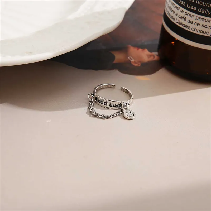 Silvertone 'Good Luck' Chain Smiley Ring made by Zulily
