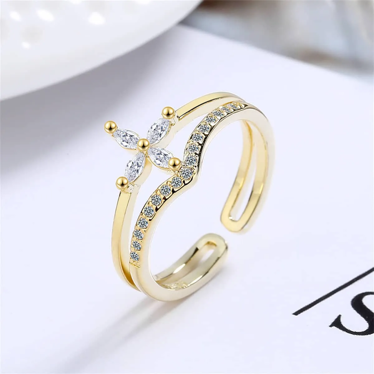 Crystal & Cubic Zirconia Goldtone Clover Layered Open Ring sold by Zulily