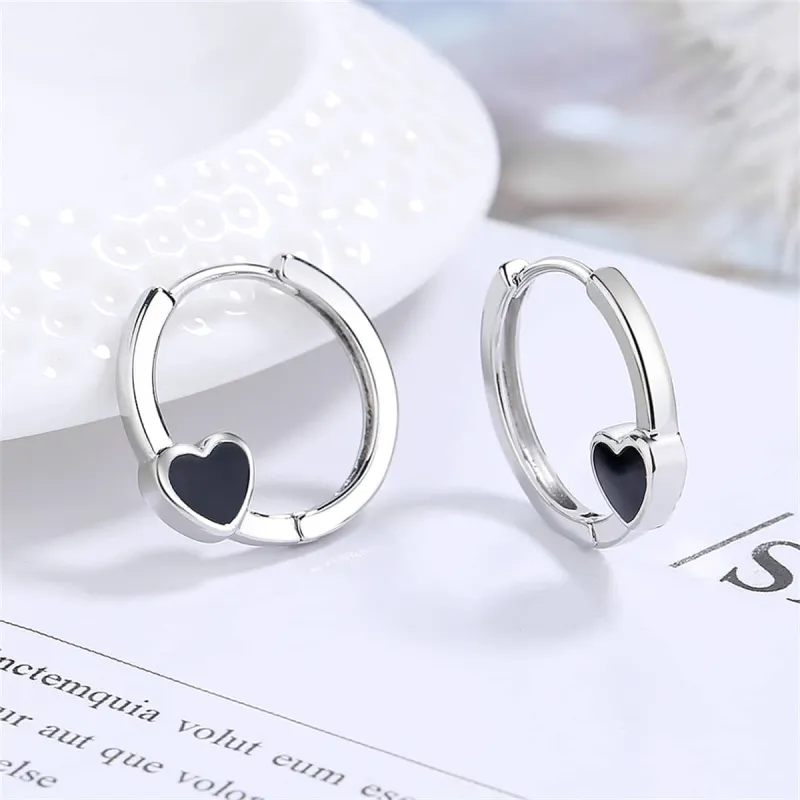 Black Enamel & Silvertone Heart Huggie Earrings made by Zulily