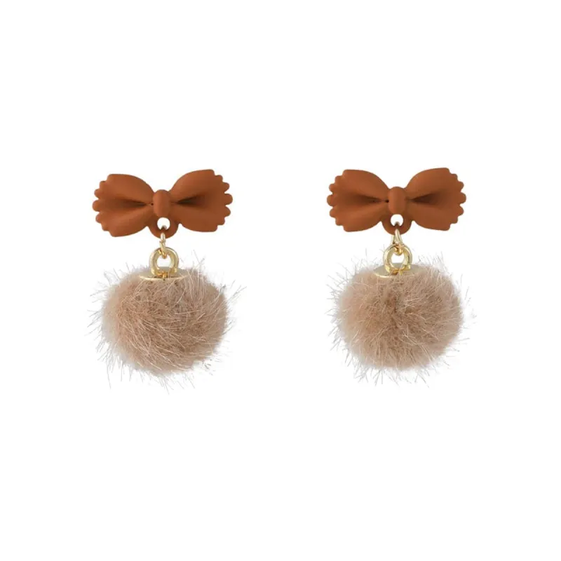Coffee Enamel & Pompom Goldtone Bow Ball Dangle Earring made by Zulily