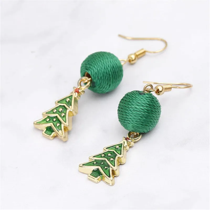 Green Polyster & Enamel Goldtone Christmas Tree & String Ball Drop Earrings made by Zulily
