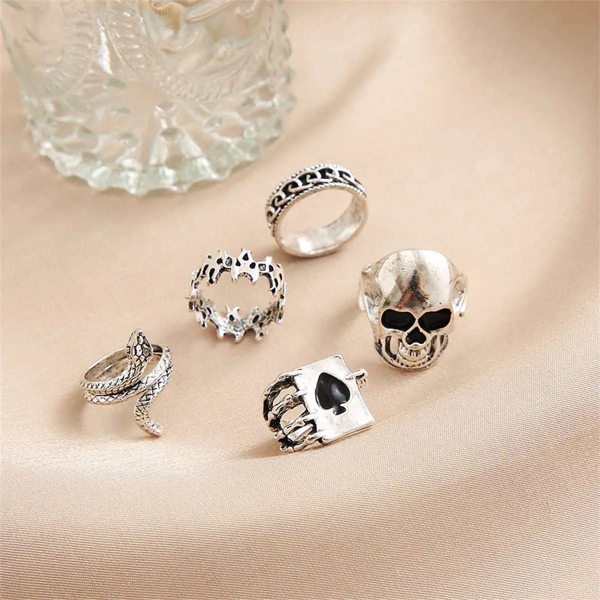Silvertone Oxidized Skull Ring Set sold by Zulily product image thumbnail 2