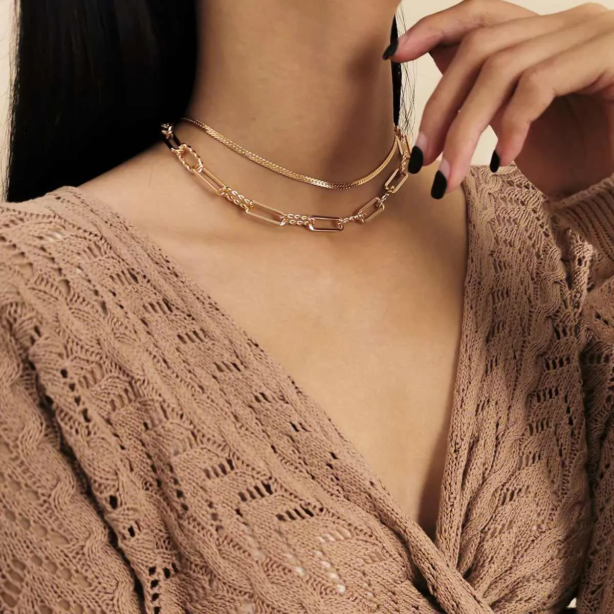 Goldtone Herringbone Cable Chain Choker Set sold by Zulily product image thumbnail 2