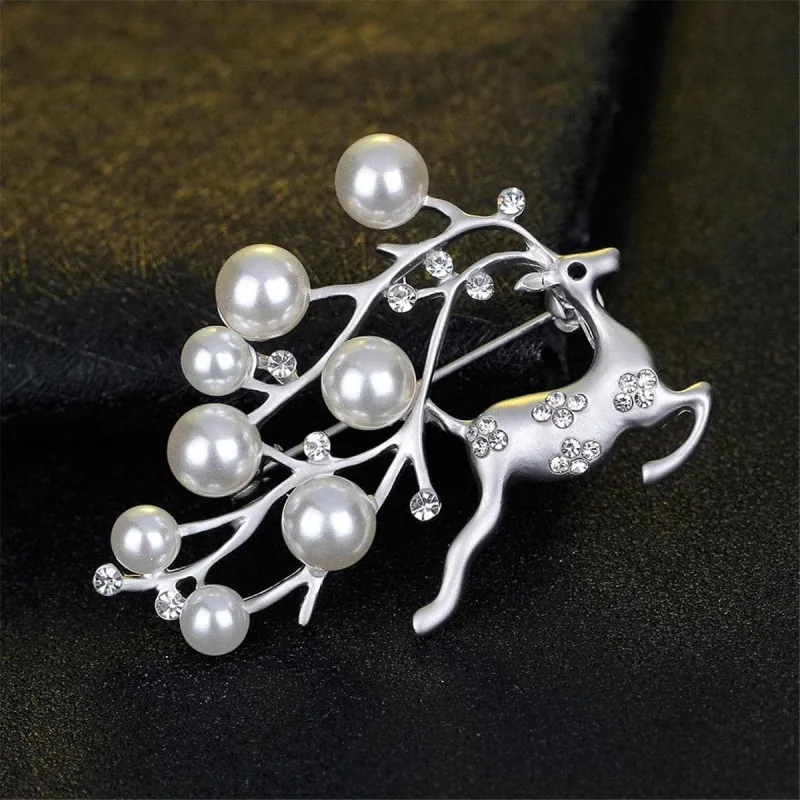 Cubic Zirconia & Pearl Dashing Reindeer Brooch made by Zulily