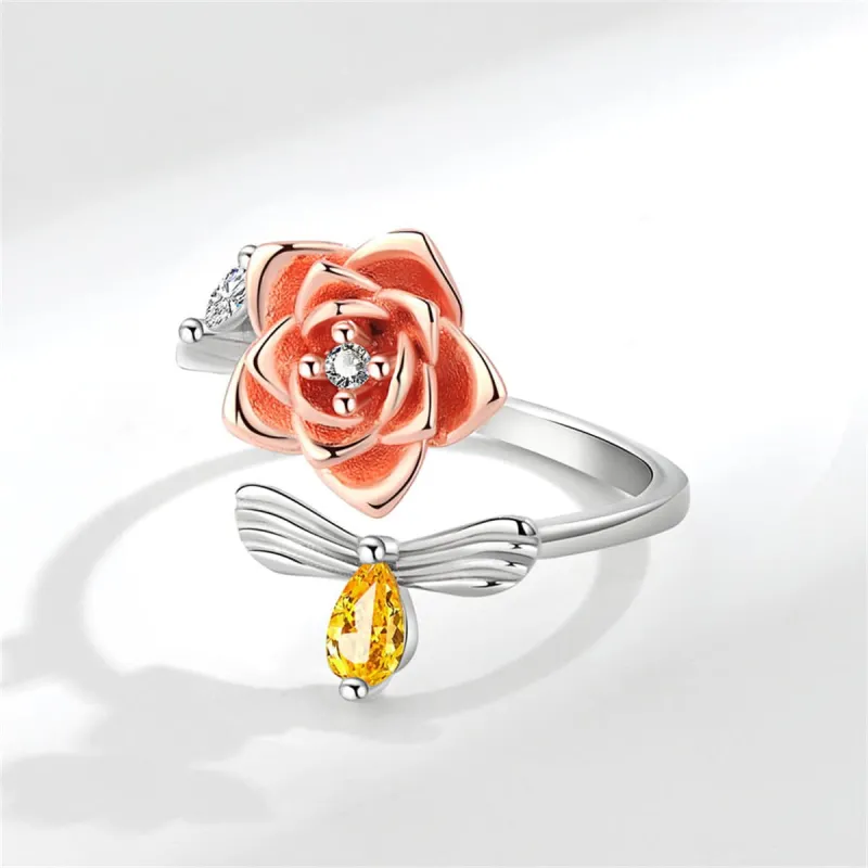 Yellow Crystal & Two-Tone Rotating Rose & Bee Bypass Ring made by Zulily